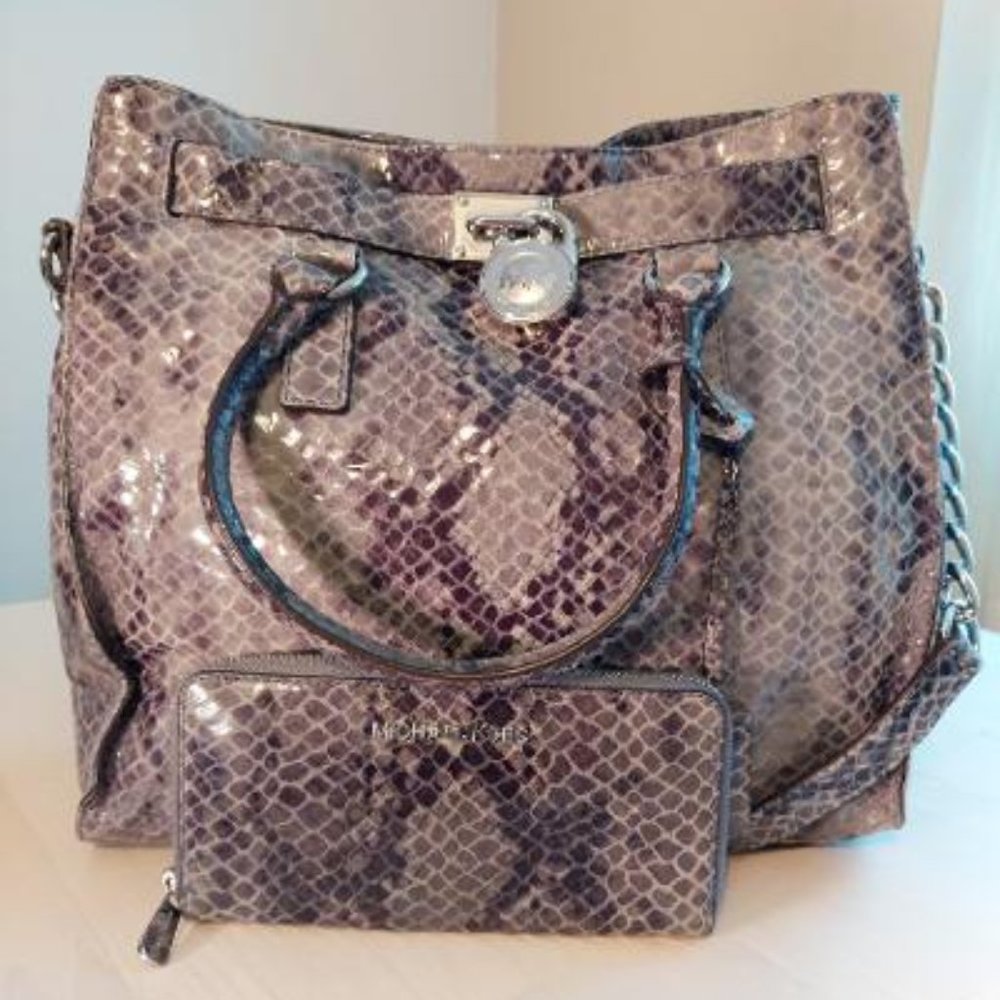 Mk Python Embossed Hamilton Handbag W/ Wallet - image 1